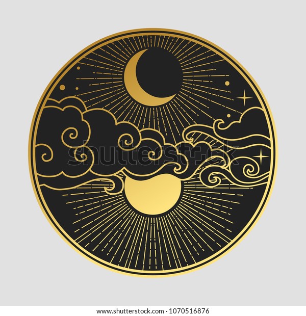 東洋風の装飾的なグラフィックデザインエレメント 太陽 月 雲 星 ベクター手描きのイラスト のベクター画像素材 ロイヤリティフリー