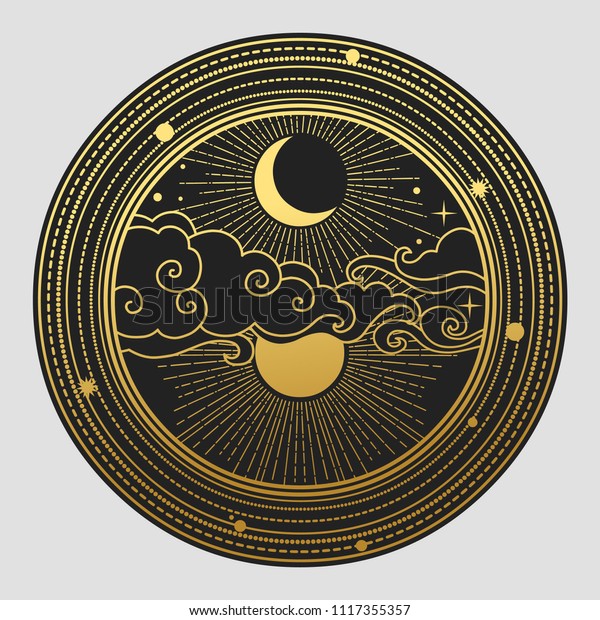 東洋風の装飾的なグラフィックデザインエレメント 太陽 月 雲 星 ベクター手描きのイラスト のベクター画像素材 ロイヤリティフリー