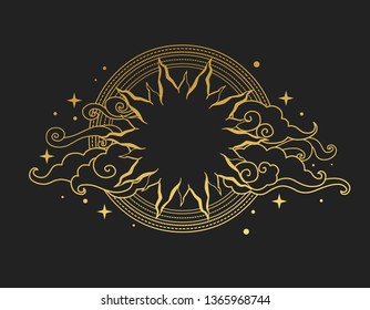 Decorative graphic design element with place for your text in oriental style. Sun with rays and clouds. Vector hand drawn illustration