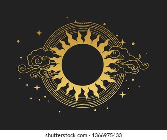 Decorative Graphic Design Element With Place For Your Text In Oriental Style. Sun With Rays And Clouds. Vector Hand Drawn Illustration