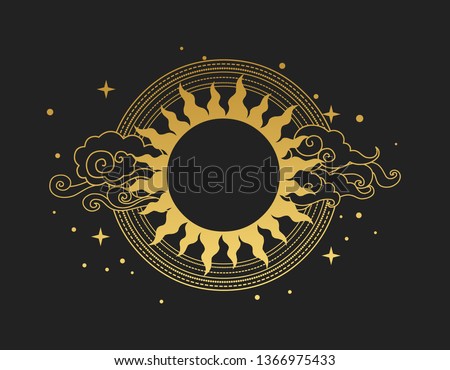 Decorative graphic design element with place for your text in oriental style. Sun with rays and clouds. Vector hand drawn illustration