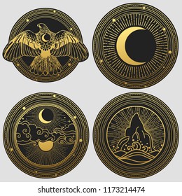 Decorative graphic design elements in oriental style. Sun, Moon, clouds, stars, bird of prey. Vector hand drawn illustration