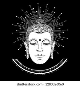 Decorative graphic element with Buddha's head. Oriental, boho style.