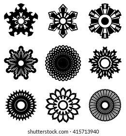 Decorative graphic elements isolated on the white background. Set of stars, flowers, snowflakes, abstract floral pattern. Design template. Vector. 