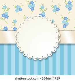 A decorative graphic featuring a floral pattern with a blank scalloped label and striped background, suitable for invitations or cards.