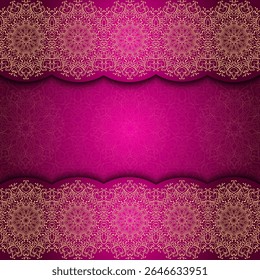 A decorative graphic featuring intricate golden patterns on a vibrant purple background, ideal for invitations or festive designs.