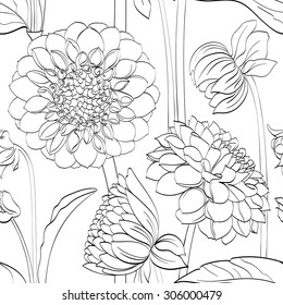 Decorative graphic floral seamless pattern with flowers and leaves.  Black-and-white pattern with flowers of Dahlia.