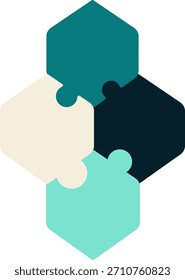Gráfico decorativo de cuatro piezas hexagonales entrelazadas en un concepto de rompecabezas o equipo.