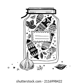 Decorative graphic illustration of a jar of canned cucumbers.