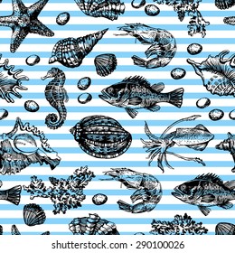 Decorative graphic Marine pattern. Hand drawing. Seamless for fabric design, gift wrapping paper and printing and web projects.