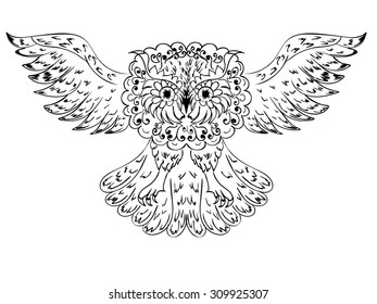 Decorative graphic owl with abstract ornament illustration.