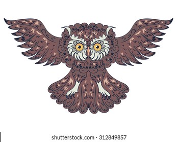 Decorative graphic owl with abstract ornament illustration.