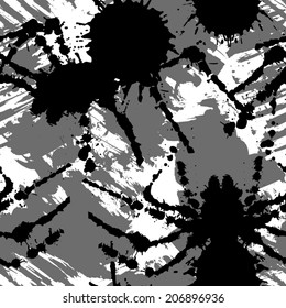 Decorative graphic seamless pattern with textured blots and splattered spiders