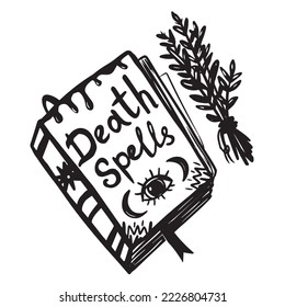 Decorative graphic sketch of death spells magic book. Esoteric witchcraft graphic element and bouquet of herbs
