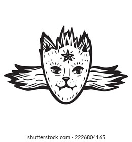 Decorative graphic sketch of weird magic cat. Graphic esoteric illustration 