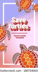 Decorative graphic social media template turtle with vintage bright blue and pink colors. Environment pollution, ecological problem isolated vector illustrations. Planet protection t shirt print idea.