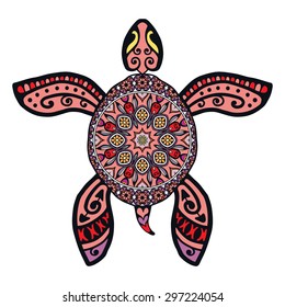 Decorative graphic turtle with ethnic mandala ornament, tribal totem animal illustration for fabric print, invitation or greeting card design, vector isolated element on white background
