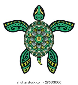 Decorative graphic turtle with ethnic ornament, vector tribal totem animal illustration.