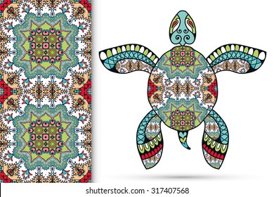 Decorative graphic turtle with ornament and seamless floral geometric pattern, vector tribal totem animal, isolated elements for scrapbook, invitation or greeting card design