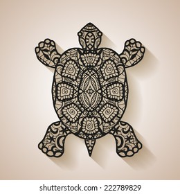 Decorative graphic turtle with shadow, tattoo style, tribal totem animal, isolated element for design, black lace pattern, vector illustration