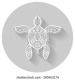 Decorative graphic turtle with shadow, tattoo style, tribal totem animal, detailed lace pattern, isolated element on gray background, vector illustration