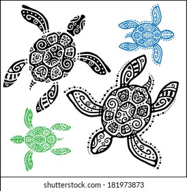Decorative graphic turtle, tattoo style, totem animal, tribal pattern set, vector illustration