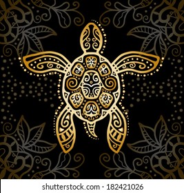 Decorative graphic turtle, tattoo style, tribal totem animal, vector illustration, isolated elements, gold on black lace pattern