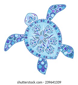 Decorative graphic turtle, tattoo style, tribal totem animal, vector illustration, isolated elements, lace pattern,  Indian mehendi style