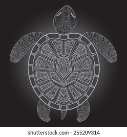 Decorative graphic turtle,  tribal totem animal, vector illustration, isolated elements, hand drawn art in graphic tattoo style, tribal ethnic ornamental totem, detailed lace pattern
