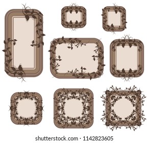 Decorative graphic vintage elegant ornate frames with roses, leaves and thorns. Isolated on white background. Vector icon set. Vol. 1