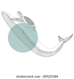 Decorative graphic whale and  turtle, tattoo style, tribal totem animal, vector illustration, isolated elements, lace pattern