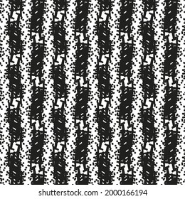 Decorative graphics in black and white, with a content of dotted spaces and stripes marked from place to place with some signs. Textile design.
