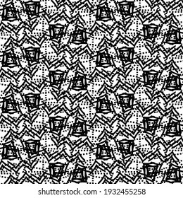 Decorative graphics, in black and white, with dots, abstract shapes and zigzags. Textile pattern.