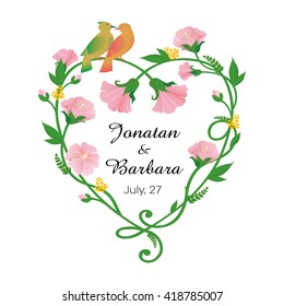 Decorative graphics color frame of twigs, flowers and leaves with the two sitting on her kissing birds intended for the decoration of the wedding ceremony or the wedding invitations. Congratulation.