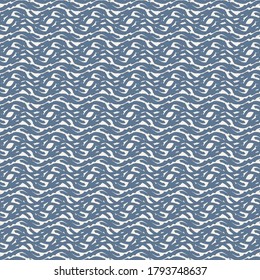 Decorative graphics made from a combination of curved lines. Repetitive pattern composed of ornamental loops or waves. Design in contrasting tones of blue.