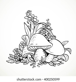 Decorative graphics mushrooms and flowers. Black and white. Coloring book