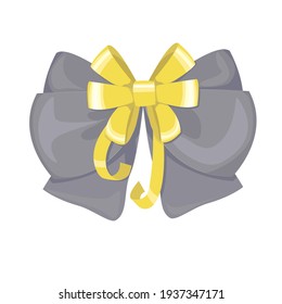 Decorative gray bow with yellow shiny ribbon. A combination of two actual colors in the decoration for flyers or banners. Vector illustration in cartoon style, isolated on a white background