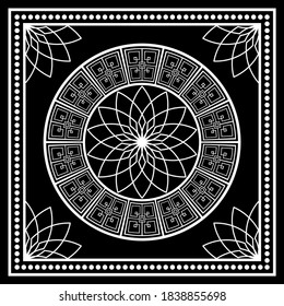 Dekoratives Graumuster mit Blume auf schwarzem Hintergrund. EPS10-Illustration.