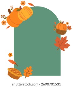 Marco de arco verde decorativo con hojas de calabaza para el tema de otoño