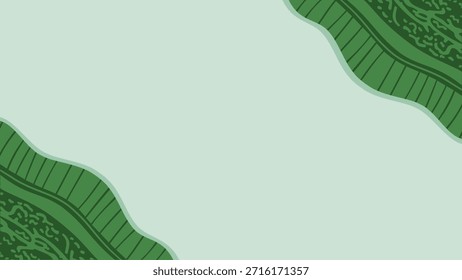 Fondo verde decorativo que presenta patrones ondulados tradicionales étnicos o estilo batik en las esquinas, creando un marco elegante con amplio espacio de copia para texto.