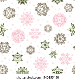 Decorative green and beige snowflakes pattern. Design. Vector seamless pattern on white background for Christmas.