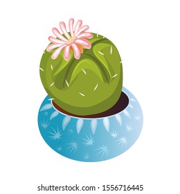 Decorative green blooming cactus with flowers in a blue pot. Vector illustration in flat cartoon style.