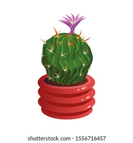 Decorative green blooming cactus with flowers in a red pot. Vector illustration in flat cartoon style.