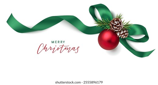 Decorative green bow with Christmas red ball, fir twigs, pine cone on the corner of page isolated on white. Merry Christmas calligraphic greeting text. New year design template. Vector illustration.