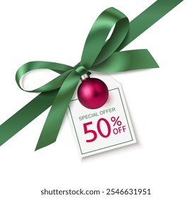 Decorative green bow with diagonally ribbon and Christmas red ball on the corner isolated on white. Price tag with special offer 50 % off text. New year or Christmas sale design. Vector illustration.