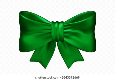 Decorative green bow element. Realistic shiny ribbon for wrapping gifts, party decor, or festive invitations. Christmas and birthday celebration. Vector illustration.