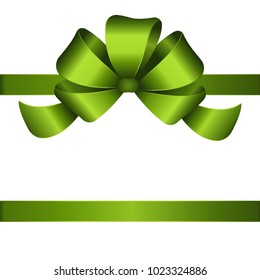 Decorative green bow with horizontal green ribbon isolated on white. Vector green gift bow with  ribbon for page decor. 