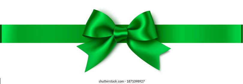 Decorative green bow with horizontal ribbon isolated on white background. Christmas or New Year decoration. Vector stock illustration.	