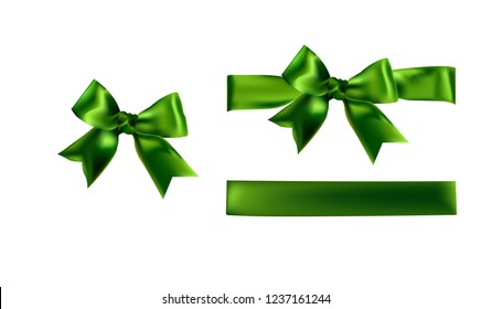 Decorative green bow isolated on white. Vector bow and horizontal ribbon. Christmas decoration. Bow vector.