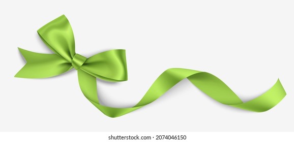 Decorative green bow with long ribbon isolated on the corner of page on white background. Christmas and New Year holiday decoration. Vector illustration